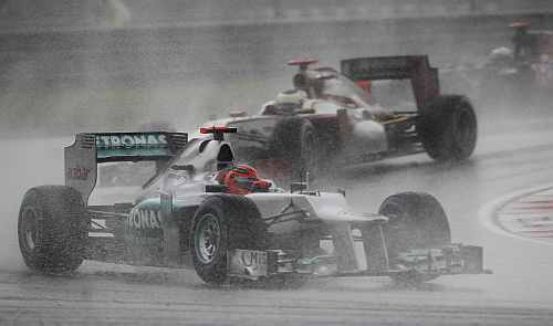 Mercedes Formula One driver Schumacher drives during the Malaysian F1 Grand Prix at Sepang International Circuit