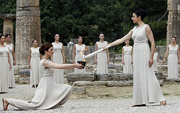 The Olympic torch being lit in Ancient Olympia on Thursday
