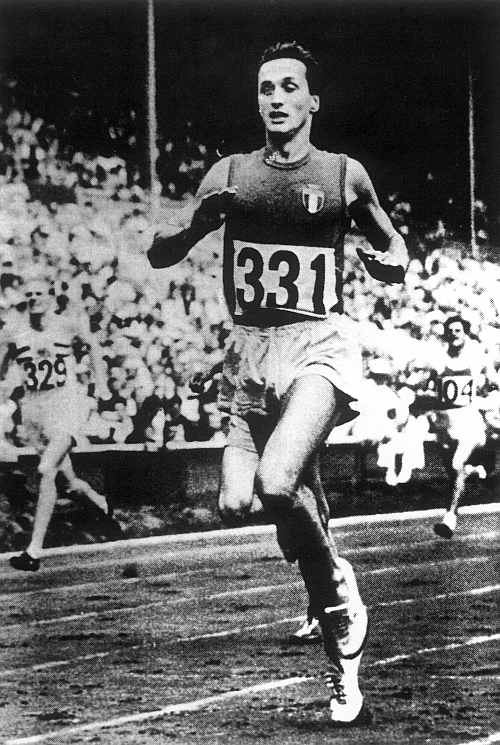 Picture taken of a framed photograph shows Ottavio Missoni competing at the 1948 London Olympics