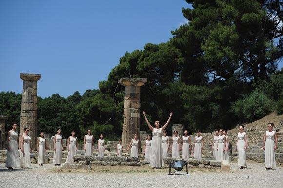 The Priestesses perform the Ceremony for the Lighting of the Olympic Flame at the Ancient Stadium during the Rehearsal for the Lighting Ceremony of the Olympic Flame at Ancient Olympia on May 9, 2012 in Olympia, Greece