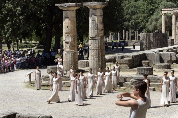 High Priestess Ino Menegaki performs at the Temple of Hera during the Lighting Ceremony of the Olympic Flame at Ancient Olympia on May 10, 2012