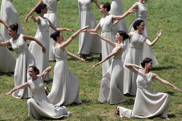 Priestess perform during the London 2012 Olympic Torch during the Lighting Ceremony of the Olympic Flame at Ancient Olympia on May 10, 2012 in Olympia, Greece