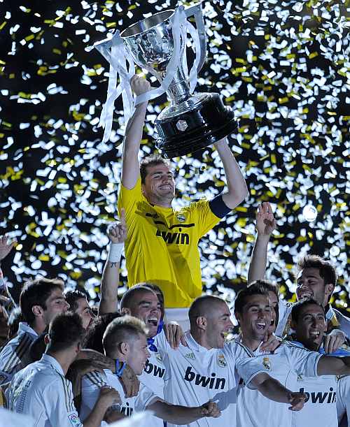 Real Madrid players celebrate after winning the La Liga
