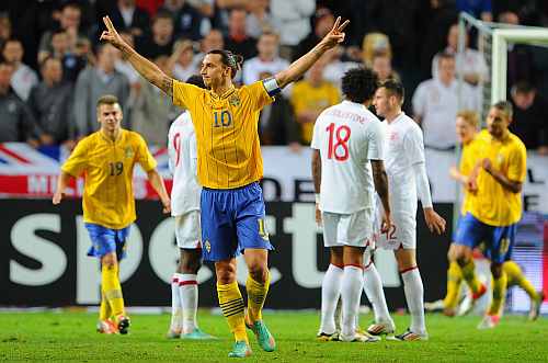 Zlatan Ibrahimovic of Sweden celebrates scoring his third goal during the international friendly match between Sweden and England