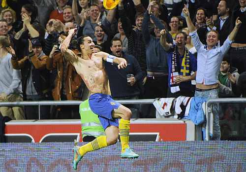 Sweden's Zlatan Ibrahimovic celebrates after Sweden's 4-2 win in the friendly soccer match against England