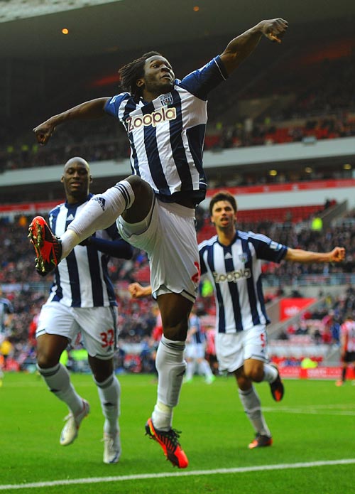 Romelu Lukaku of West Brom celebrates scoring to make it 3-1 during the Barclays Premier League match between Sunderland and West Bromwich Albion