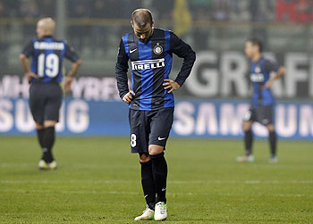 Inter Milan's Rodrigo Palacio (centre) reacts after losing to Parma during their Serie A match at the Tardini stadium on Monday