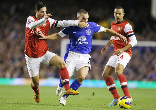 Everton's Leon Osman (centre) is challenged by Arsenal's Mikel Arteta (left) and Theo Walcott