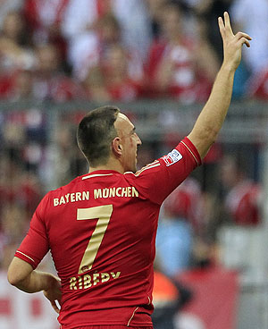 Bayern Munich's Franck Ribery celebrates after his second goal against Hoffenheim on Saturday