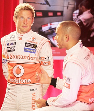 F1 drivers Jenson Button (left) and Lewis Hamilton