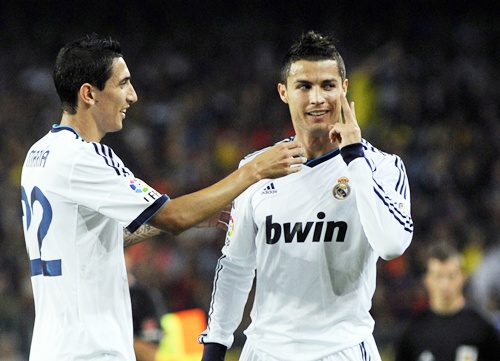 Real Madrid's Cristiano Ronaldo (right) celebrates with teammate Angel di Maria