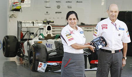 The new principal for the Sauber Formula One team Monisha Kaltenborn (left) and the outgoing team principal Peter Sauber