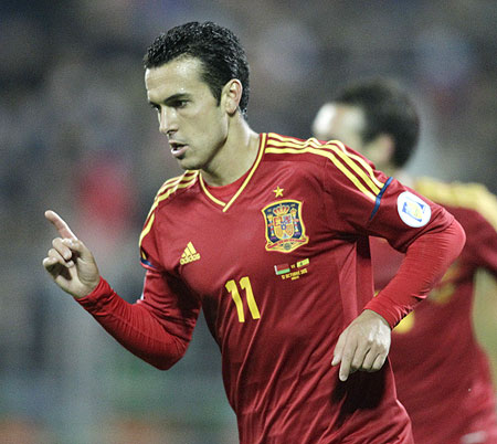 Spain's Pedro celebrates after scoring against Belarus