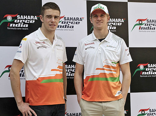 Force India Formula One drivers Nico Hulkenberg (right) and teammate Paul di Resta