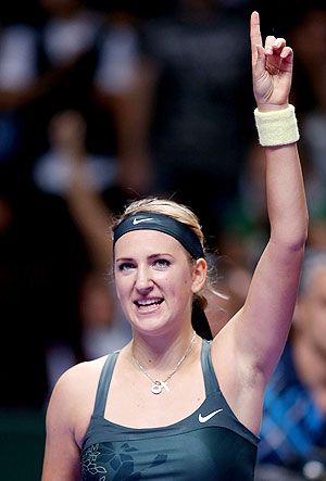 Victoria Azarenka celebrates her win over Na Li of China in round robin play during the WTA Championships in Istanbul on Friday