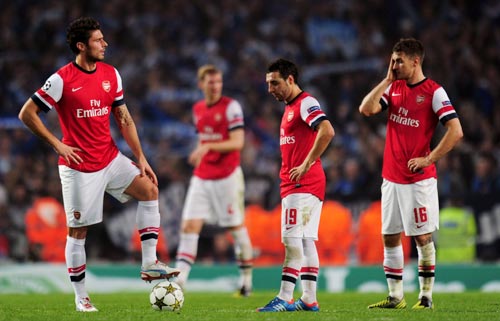 Olivier Giroud, Santi Cazorla and Aaron Ramsey of Arsenal
