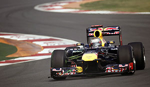 Red Bull Formula One driver Sebastian Vettel of Germany drives during the third practice session of the Indian F1 Grand Prix on Saturday