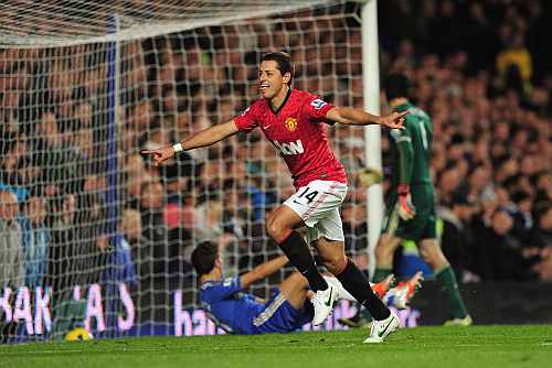 Javier Hernandez of Manchester United celebrates his goal against Chelsea on Sunday