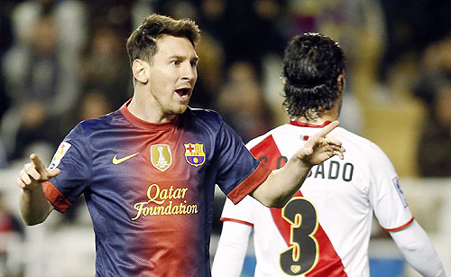 Barcelona's Lionel Messi celebrates after scoring against Rayo Vallecano