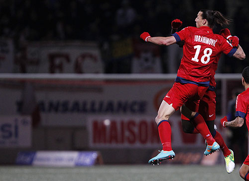 Paris St Germain's Zlatan Ibrahimovic celebrates his goal against AS Nancy on Saturday