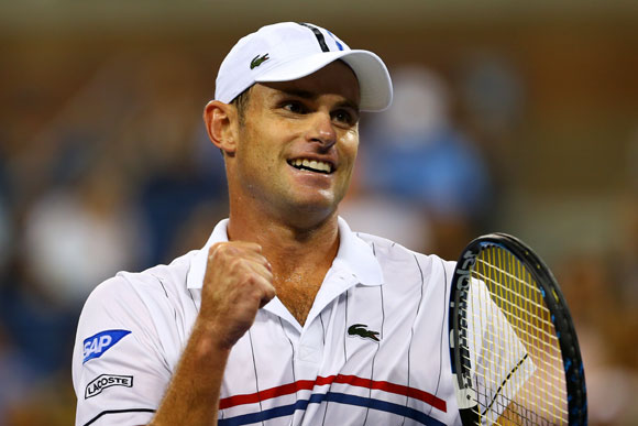Andy Roddick of the United States celebrates a point during his men's singles second round match against Bernard Tomic of Australia on Day Five of the 2012 US Open