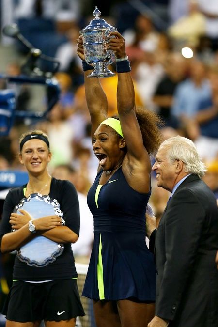 Serena Williams of the United States celebrates after defeating Victoria Azarenka to win the 2012 US Open