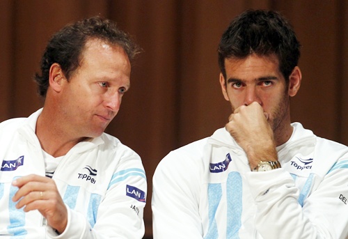 Argentina's Juan Martin Del Potro (right) gestures next to team captain Martin Jaite