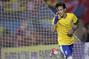 Brazil's Neymar celebrates after scoring against Argentina during their international friendly in Goiania on Wednesday