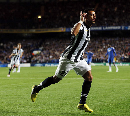 Juventus' Fabio Quagliarella celebrates after scoring against Chelsea