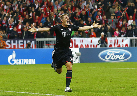 Bayern Munich's Bastian Schweinsteiger celebrates after scoring against Valencia