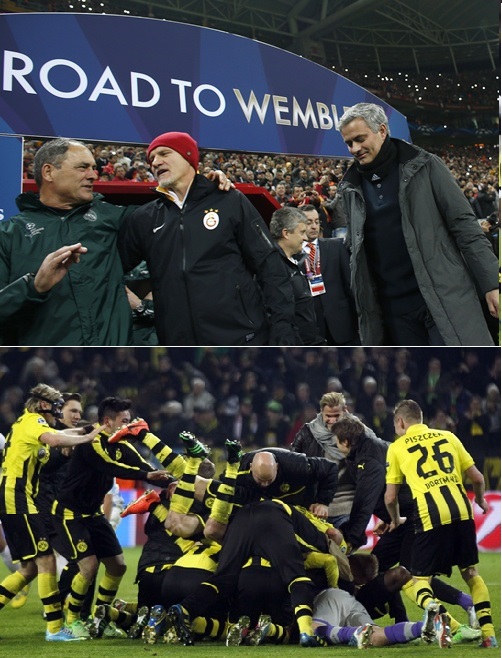 Real Madrid's coach Jose Mourinho (right) walks off and Borussia Dortmund players celebrate