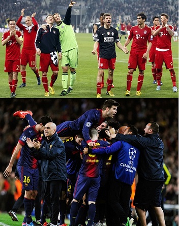 Gerard Pique of Barcelona jumps on his teammates and (Top) Bayern Munich players celebrate