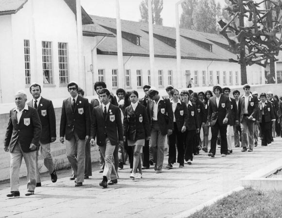 On the eve of the start of the Munich Olympics, the Israeli team visits the site of the concentration camp at Dachau in southern Germany, on August 25, 1972. Eleven members of the team were later killed in a terrorist attack at the Games on September 6, 1972.