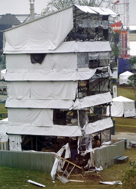 Debris surrounds the base of the sound tower, the scene of a bomb blast near the AT & T Pavillion in Centennial Olympic Park during the 1996 Centennial Olympic Games in Atlanta, Georgia, on July 27, 1996.