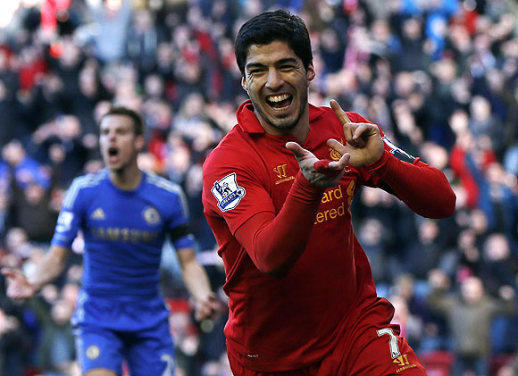 Liverpool's Luis Suarez celebrates his goal against Chelsea during their English Premier League match at Anfield on Sunday