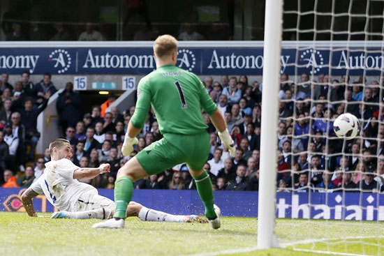 Tottenham Hotspur's Clint Dempsey (left) shoots and scores past Manchester City's goalkeeper Joe Hart