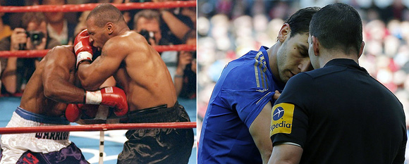 Evander Holyfield and Mike Tyson grapple. (Right) Chelsea's Branislav Ivanovic shows his arm to referee Kevin Friend after Liverpool's Luis Suarez bit him