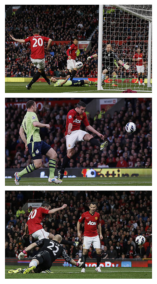 A combination photograph shows a first half hat-trick from Manchester United's Robin Van Persie against Aston Villa during their English Premier League match at Old Trafford on Monday