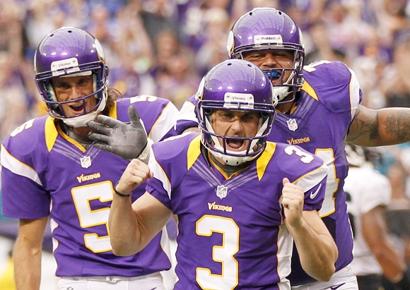 Blair Walsh of the Minnesota Vikings celebrates the game tying field goal with holder Chris Kluwe