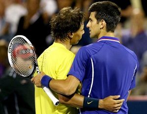 Rafael Nadal of Spain is congratulated by Novak Djokovic of Serbia after their match 