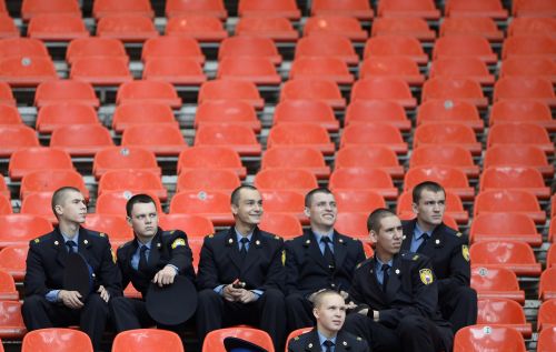 Russian cadets watch from the stands the morning session of the IAAF World Athletics Championships at the Luzhniki Stadium in Moscow