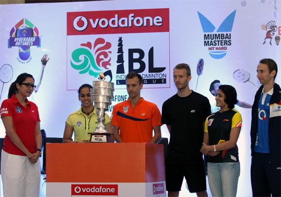 Left to Right: Jwala Gutta (Delhi Smashers), Saina Nehwal (Hyderabad Hotshots), Marc Zwiebler (Mumbai Masters), Carston Margensen (Banga Beats), Ashwini Ponappaa (Pune Pistons) and Mathias Boe (Awadhe Warriors) during the trophy unveiling ceremony of Indian Badminton League 2013.