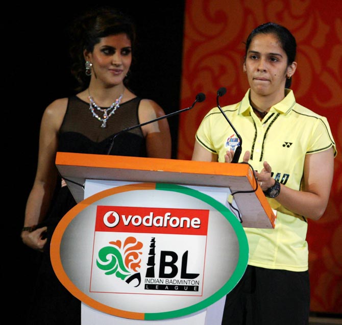 Saina Nehwal (right) during the IBL opening ceremony