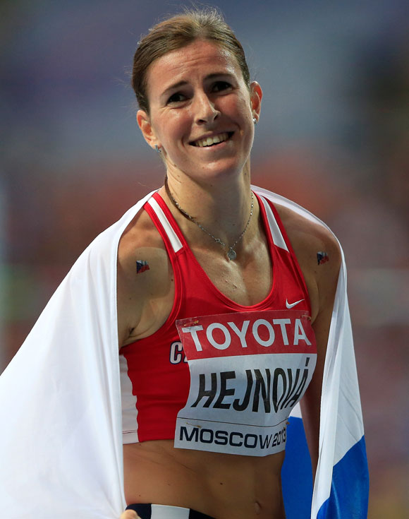 Zuzana Hejnova of the Czech Republic reacts after winning gold in the Women's 400 metres hurdles
