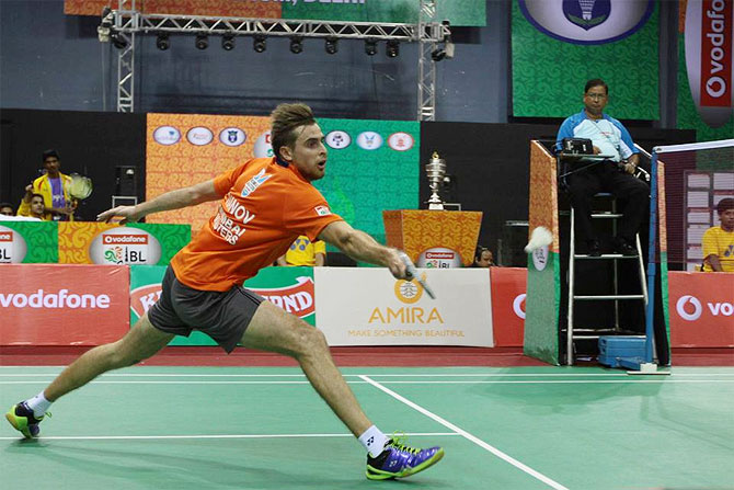 Mumbai Masters' Vladimir Ivanov in action against P Kashyap of Banga Beats