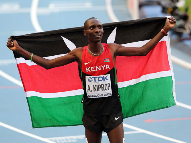 Asbel Kiprop of Kenya celebrates winning gold in the Men's 1500 metres final