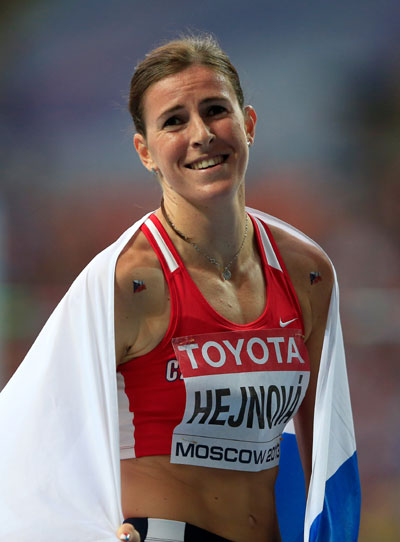 Zuzana Hejnova of the Czech Republic reacts after winning gold in the Women's 400 metres hurdles