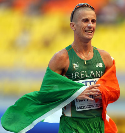 Robert Heffernan of Ireland celebrates winning gold in the men's 50km walk