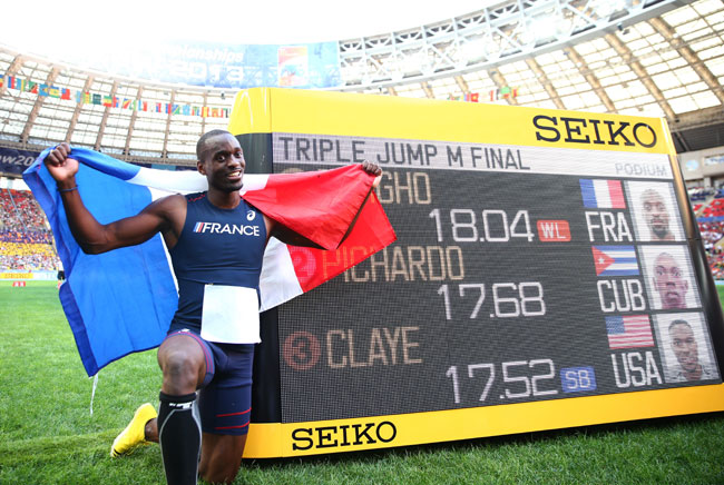Gold medalist Teddy Tamgho of France poses after the Men's Triple Jump Final 