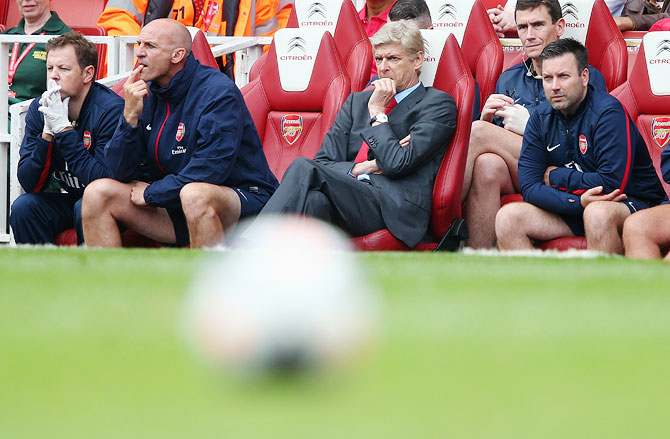 Arsene Wenger of Arsenal looks on during the Premier League match between Arsenal and Aston Villa on Saturday